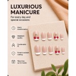 Nude French Tip Cherry Press‑On Nails, Short Square Cute Sweet False Nails